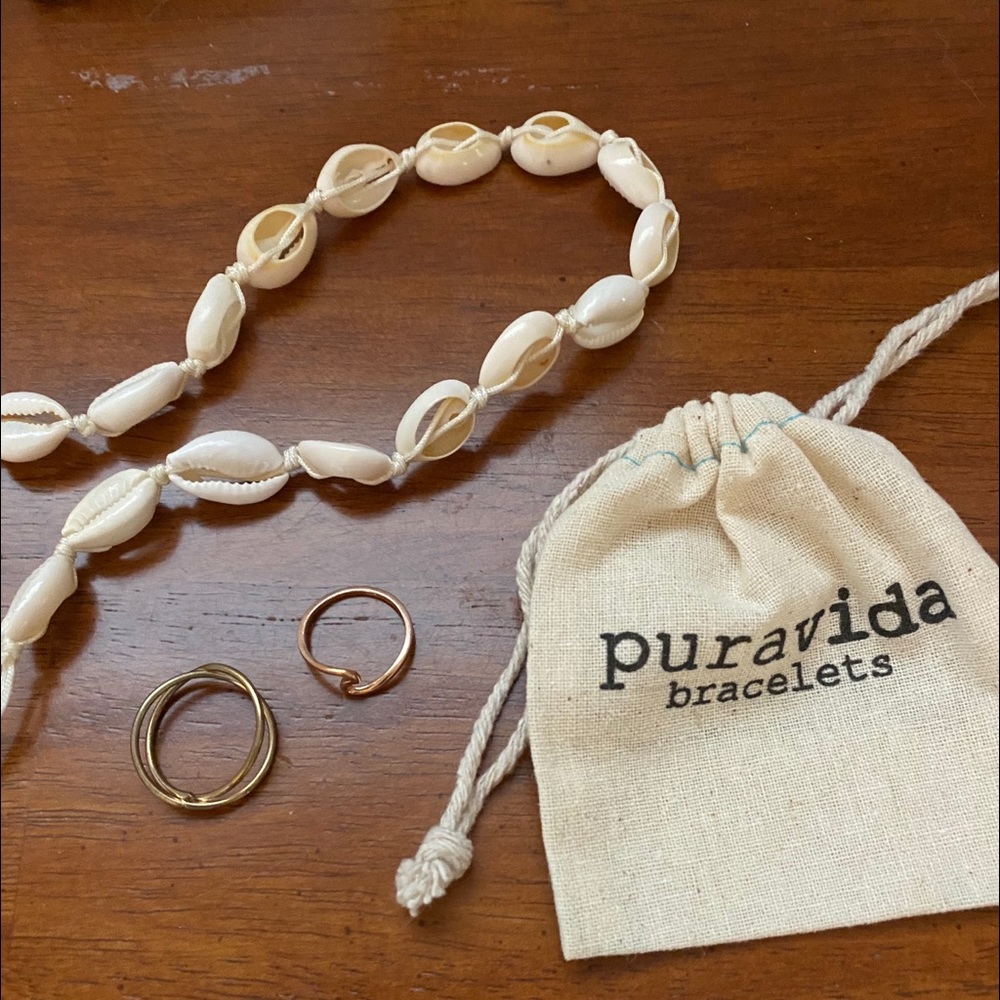 Pura vida wave ring, spiral ring, shell necklace